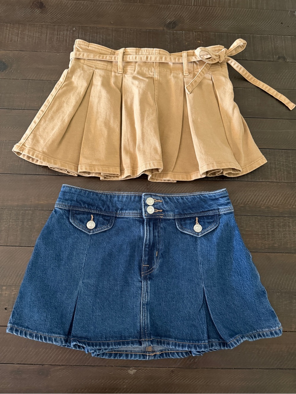 Two Americans Eagle Mini Skirts - Tan Pleated & Blue Denim